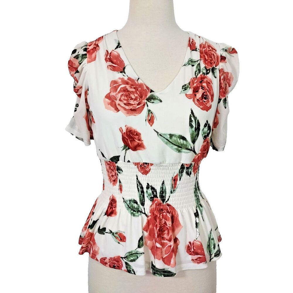 Ember Shirt Top Romantic Floral Retro Size Medium Smocked Waist Peplum Stretch